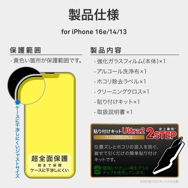 iPhone 16e/iPhone 14/iPhone 13 ガラスフィルム「GLASS PREMIUM FILM」全面保護 ブルーライトカット