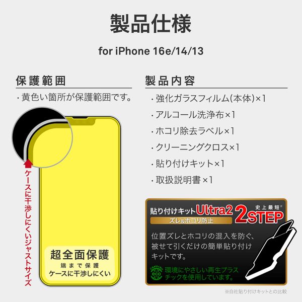 iPhone 16e/iPhone 14/iPhone 13 ガラスフィルム「GLASS PREMIUM FILM」全面保護 覗き見防止180°