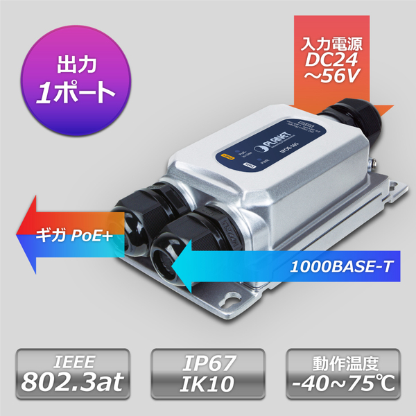 産業用 IP67 1ポート802.3at PoE+インジェクター