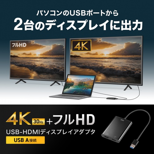 USB-HDMIディスプレイアダプタ（4K対応・2画面出力）