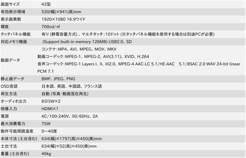 屋内サイネージディスプレイ（キオスクタイプ） 43型/1920×1080/HDMI、USB2.0、SD/ブラック/スピーカー：あり/タッチパネル搭載
