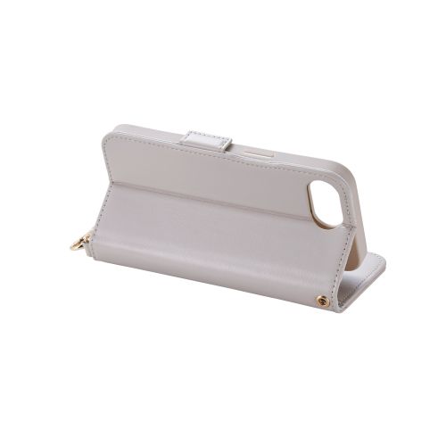 iPhone 17e/16e/レザーケース/手帳型/耐衝撃/磁石付き/ステッチ/ハンドストラップ付/グレージュ