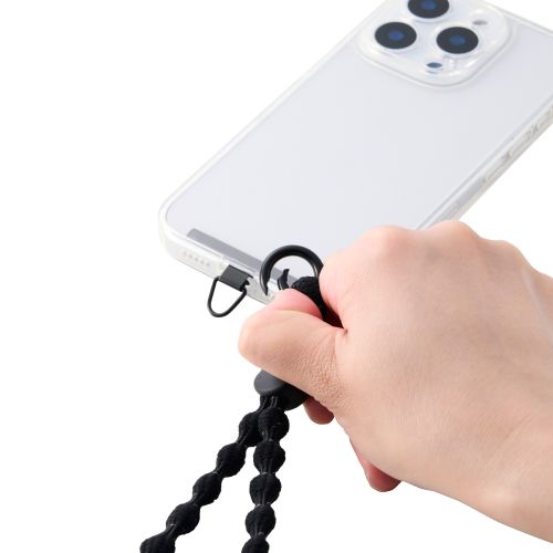 スマホハンドストラップ/伸縮/こぶ紐/軽量/反射糸/ステンレスストラップホールシート付属(1口タイプ×1枚)/ブラック