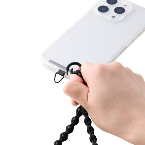スマホハンドストラップ/伸縮/こぶ紐/軽量/デザイン柄/ステンレスストラップホールシート付属(1口タイプ×1枚)/ストライプ/ブラック