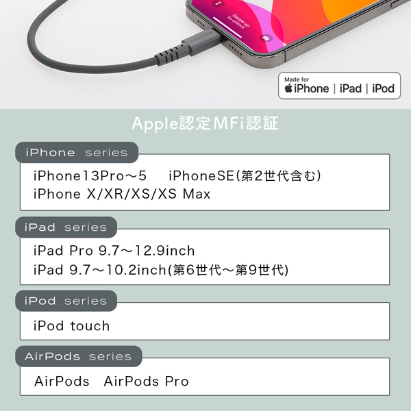 MOTTERU しなやかで絡まない シリコンケーブル 充電 データ転送対応 Apple MFi認証品 USB-A to Lightning 2m カラバリ全6色 2年保証 ピスタチオ