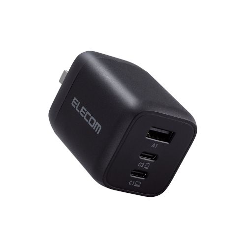 AC充電器/USB充電器/USB Power Delivery対応/PPS対応/65W/USB-C2ポート/USB-A1ポート/スイングプラグ/ブラック