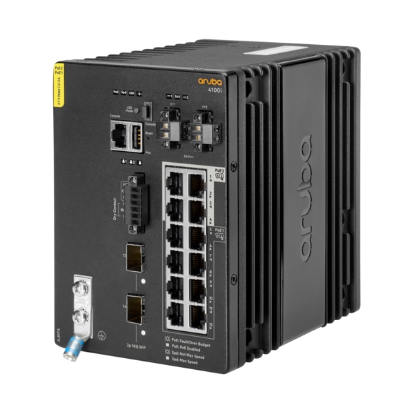 Aruba 4100i 12-port 1GbE (8-port Class 4 POE and 4-port Class 6 POE) 2-port SFP+ DIN Mount Switch