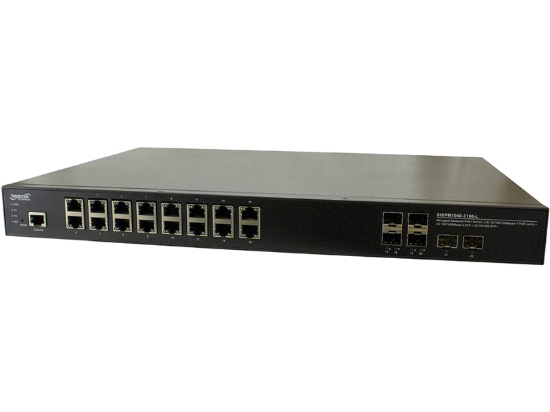 (16) 10/100/1000Base-T PoE+ ports + (4) 100/1000Base-X SFP slots ports + (2) 1G/10GBase-X SFP+ slots 52V - 57 VDC or 100V - 250VAC