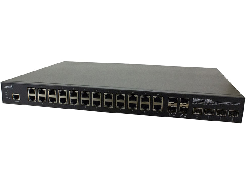 (24) 10/100/1000Base-T PoE+ ports + (4) 100/1000Base-X SFP slots + (4) 1G/10GBase-X SFP+ slots 52V - 57 VDC or 100V - 250VAC