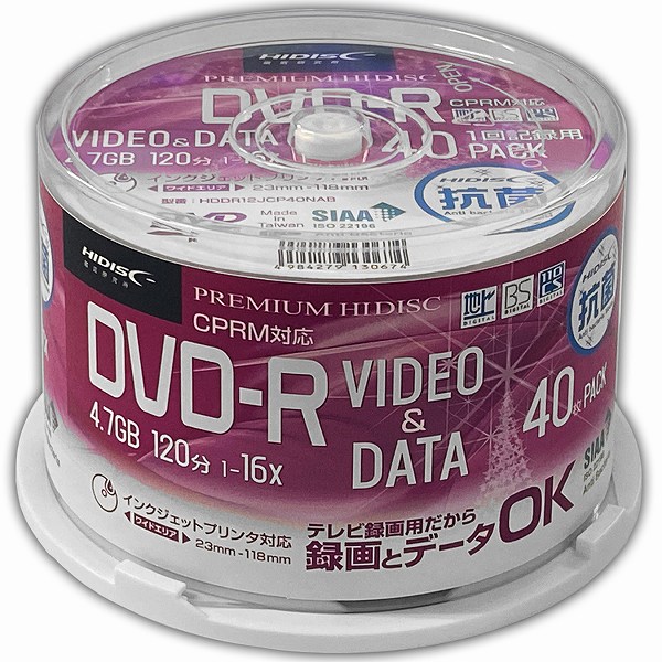 PREMIUM HIDISC DVD-R RۃfBA ^/f[^p 16{ 4.7GB zCgChv^u XshP[X 40