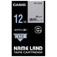 ネームランドテープ　強粘着テープ　１２ｍｍ　透明に黒文字