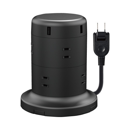 タワー型タップ／８個口／雷サージ／２ｍ／ブラック