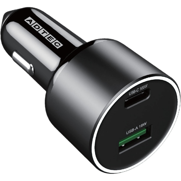 Power Delivery対応 シガーソケットタイプ充電器/100W/USB Type-A 1ポート/Type-C 1ポート/ブラック & 2m Type-C to Cケーブルセット