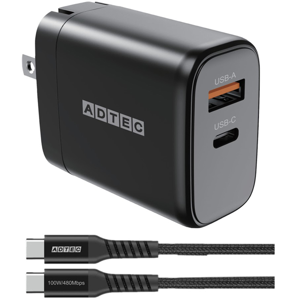 Power Delivery対応 GaN AC充電器/65W/USB Type-A 1ポート/Type-C 1ポート/ブラック & Type-C to Cケーブルセット