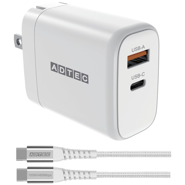 Power Delivery対応 GaN AC充電器/65W/USB Type-A 1ポート/Type-C 1ポート/ホワイト & Type-C to Cケーブルセット