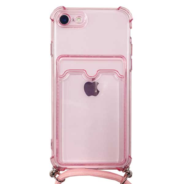 iPhone SE (Gen 3/2)/8/7/6対応 クリア（ピンク）ケース/ロングストラップ/カードポケット付