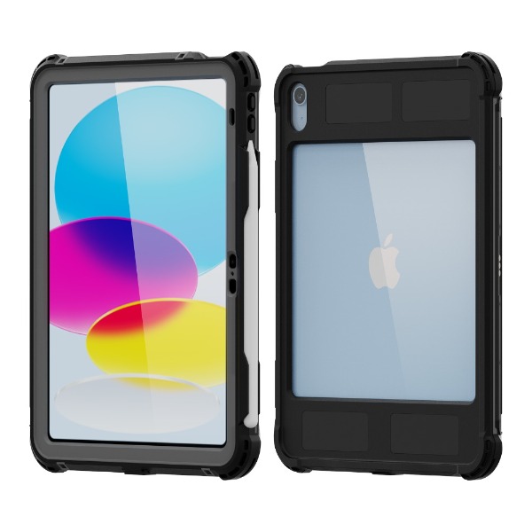 【耐衝撃・防塵防水】iPad A16/第10世代専用(11インチ)IP68ケース 二重リング付きフック式ストラップ・回転ハンドベルト付スタンド付属