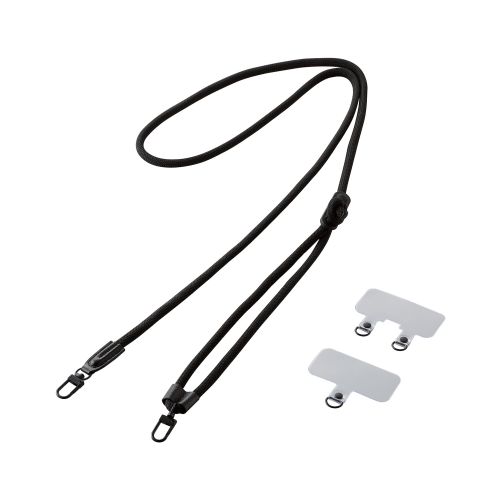 スマホショルダーストラップ/ストラップホールシート付属(1口タイプ×1枚/2口タイプ×1枚)/丸紐タイプ/6mm/ブラック