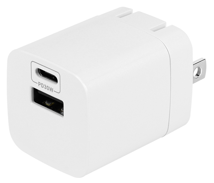 AC充電器/USB充電器/PD/PD30W/2ポート/Type-C/Type-A/小型/Gan採用/窒化ガリウム/iPad、iPhone、iPod、モバイルバッテリー、スマートフォン、タブレットPC等/ホワイト