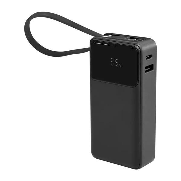 モバイルバッテリー/10000mAh/PD30W対応/ケーブル一体型/デジタル表示/タブレット、スマートフォン、Wi-Fiルーター、加熱式たばこ、その他USB充電機器/ブラック