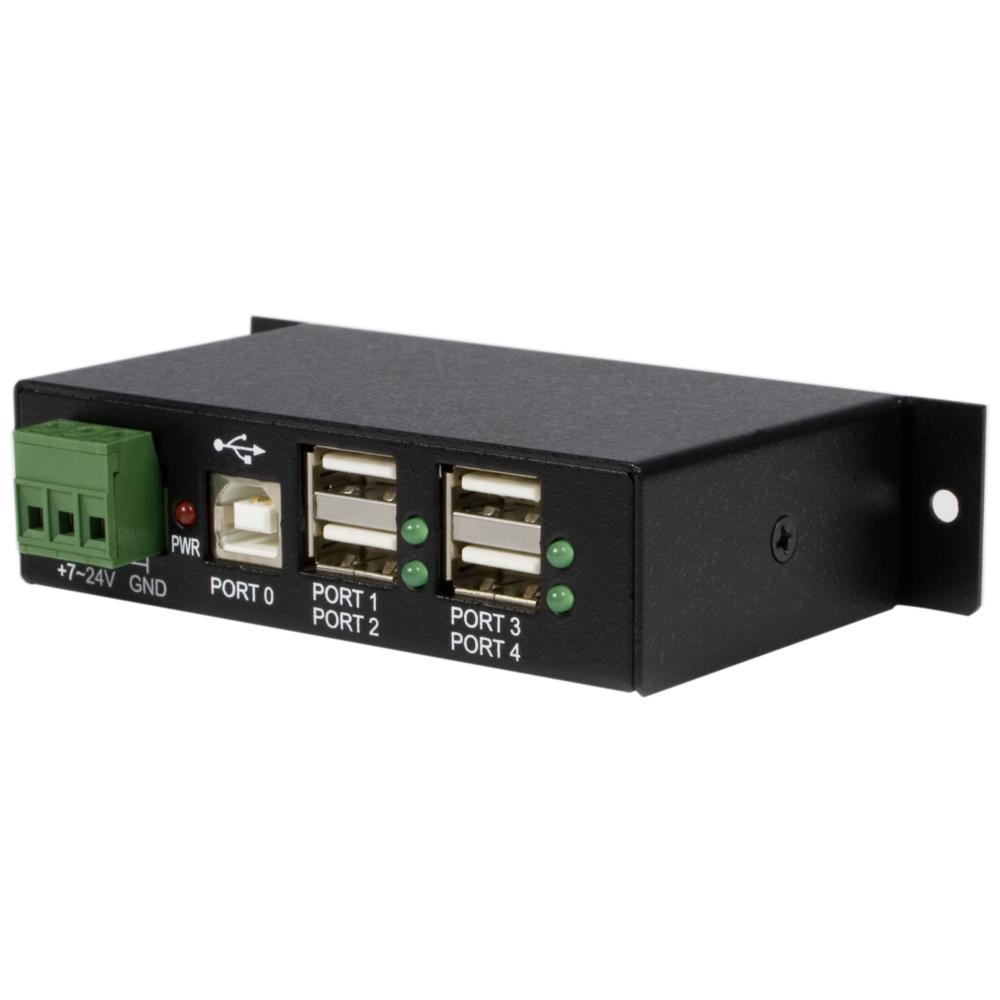 ウォールマウント型産業用4ポートUSB 2.0 ハブ　メタルシャーシ構造　ターミナルブロックから外部電源を供給可能　保証期間： 2年間