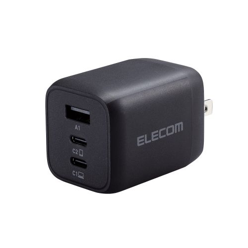 AC充電器/USB充電器/USB Power Delivery対応/PPS対応/65W/USB-C2ポート/USB-A1ポート/スイングプラグ/ブラック