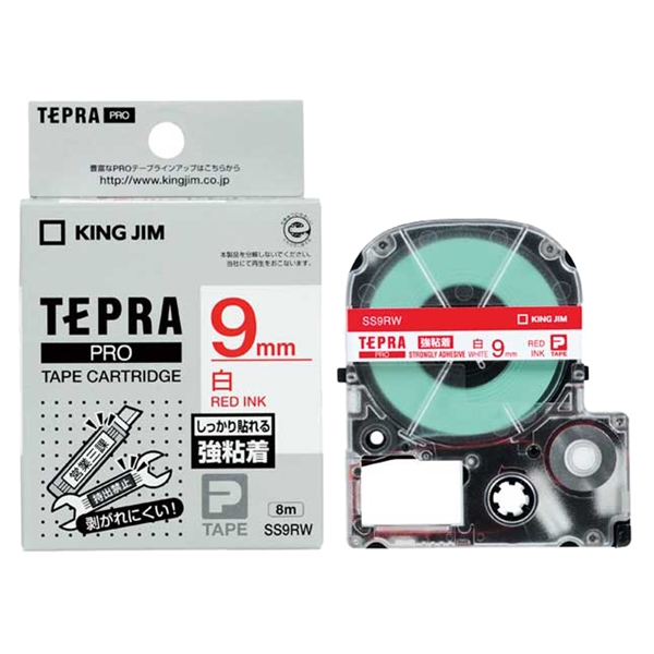 テプラPROテープカートリッジ 強粘着ラベル 白テープ/赤文字 9mm