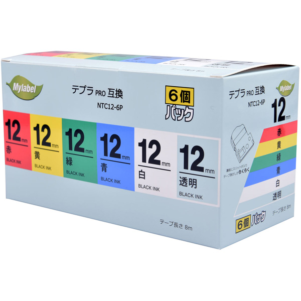 テプラ互換ラベルカートリッジ　12mm 黒文字白/赤/青/黄/緑/透明 6個セット