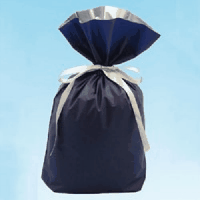 梨地リボン付き巾着袋　底マチ付　ネイビー　Ｍ