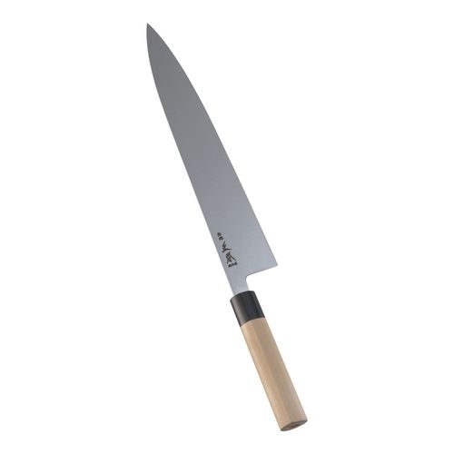 本霞　玉白鋼　水牛柄牛刀（両刃）　３３ｃｍ
