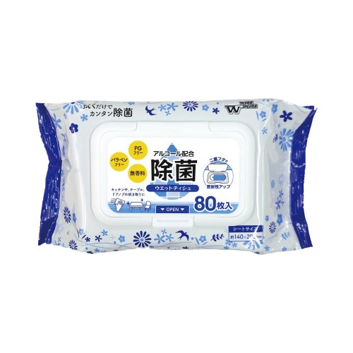 アルコール配合除菌ウエットティシュ　フタ付８０枚入