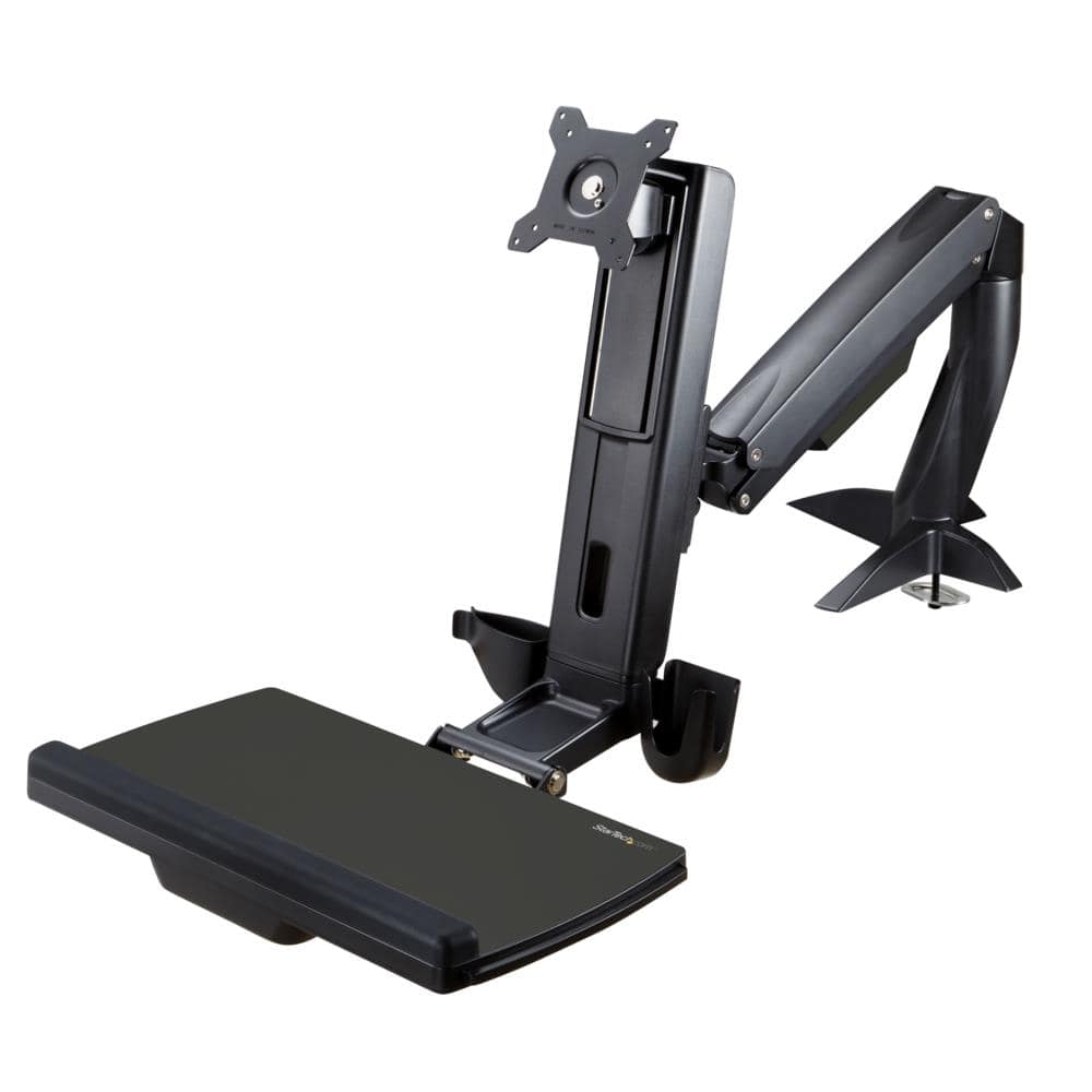 昇降式モニターアーム／クランプ&グロメット固定方式／1x 34インチVESA規格ディスプレイ対応／高さ調節機能／キーボードトレイ & マウストレイ／保証期間：2年