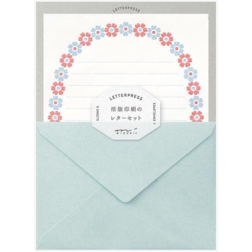 レターセット　活版　花フレーム柄　水色　８６４７８