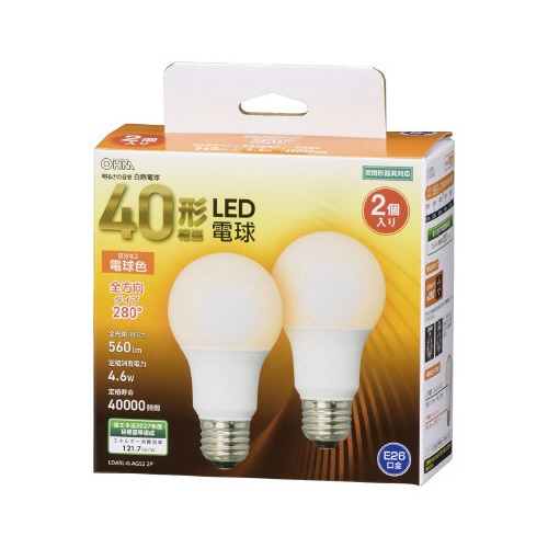 ＬＥＤ電球　Ｅ２６　４０形　全方向　電球色　２個入