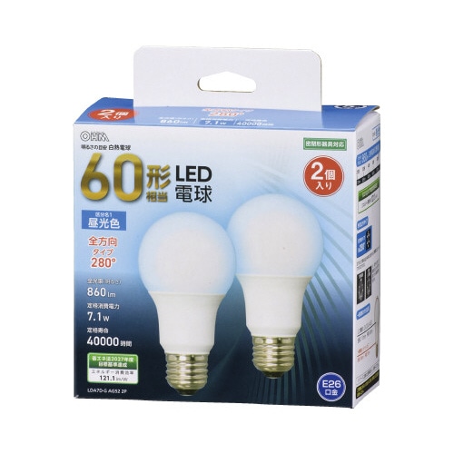 ＬＥＤ電球　Ｅ２６　６０形　全方向　昼光色　２個入