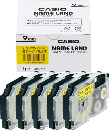 ネームランド　黄色テープ　９ｍｍ　黒文字　５個入