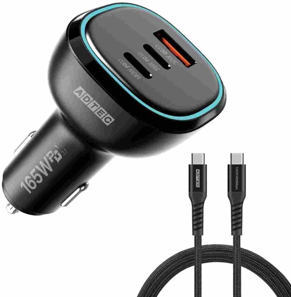 Power Delivery対応 シガーソケットタイプ充電器/165W/USB Type-A 1ポート Type-C 2ポート/ブラック & 2m Type-C to Cケーブルセット