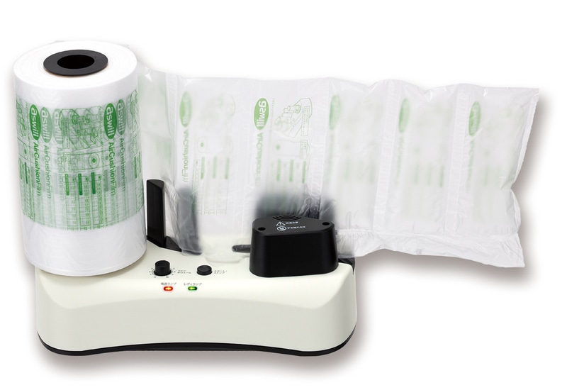 エアクッションメーカー 緩衝材作成機 50Mのフィルムロール付き 立上260秒 2.4/3.0m/分（50/60Hz） 定格連続使用 消費電力60W AC100V 328×150×162mm 1.9kg