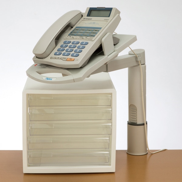 テレホンスタンドブリッジ 適応電話機幅130～220mm、質量1kgまで アーム伸長95mm ベース回転範囲360° 最大クランプ取り付け幅20～60mm