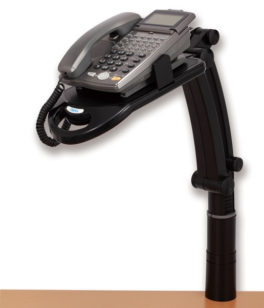 テレホンスタンドフレックス ハイタイプ ブラック 背面取り付け簡単 適応電話機幅130～220mm、質量1kgまで ベース回転360° クランプ取付幅60～20mm