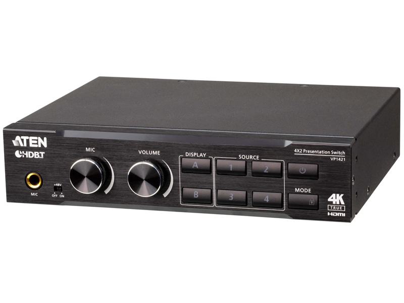 4入力2出力プレゼンマトリックススイッチャー（4K60p、スケーリング、DSP、HDBaseT-Lite対応）