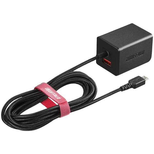 2.4A USB急速充電器 AutoPowerSelect機能搭載 microUSB急速ケーブル一体型タイプ 1.8m/自動判別USBx1 ブラック