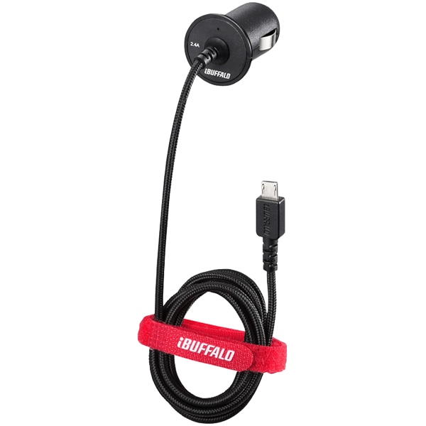 2.4A シガーソケット用USB急速充電器 microUSB急速ケーブル一体型タイプ 1m ブラック