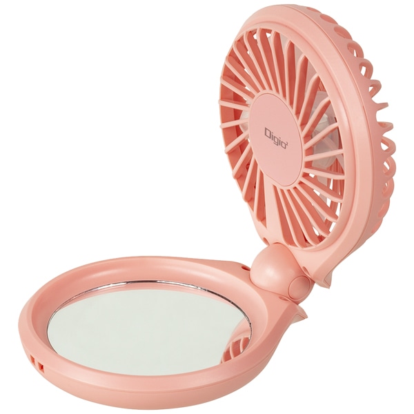 コンパクト 扇風機 コンパクトミラーUSB充電 ピンク