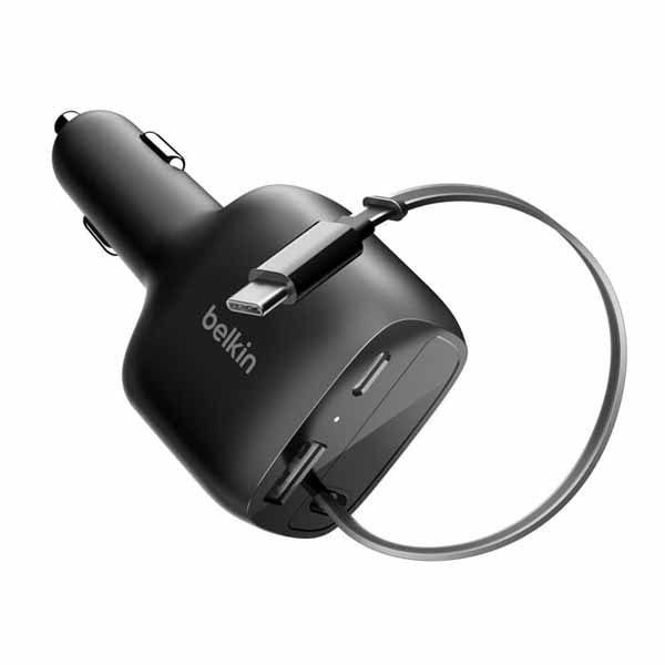 BoostCharge 75W 3ポート車載充電器 USB-C巻き取り式ケーブル付き / USB-C + USB-A / PD対応