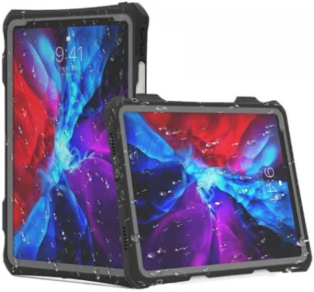 【耐衝撃・防塵防水】11インチiPad Pro 第2～4世代用 IP68ケース 二重リング付きフック式ストラップ・回転ハンドベルト付スタンド付属