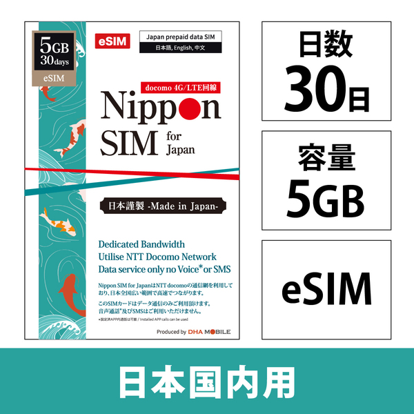 Nippon eSIM for Japan 標準版30日5GB 日本国内用 ドコモ回線 プリペイドeSIM
