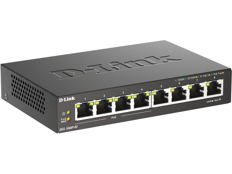 ギガビットアンマネージドスイッチ、PoE+対応(最大80W給電)、10/100/1000BASE-Tポート×8 (内PoE+×4)、外部電源、メタル筐体、リミテッドライフタイム保証対象