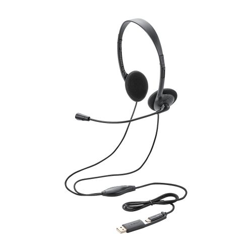 モバイルヘッドセット/両耳オーバーヘッド/単一指向性マイク/約1.2m/30mmドライバー/Type-C端子/USB-A変換アダプター付き/ブラック