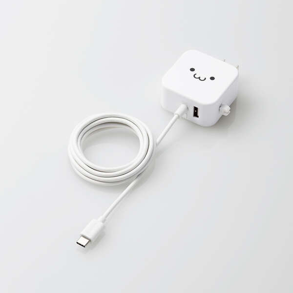 AC充電器/スマホ・タブレット用/2.4A出力/Type-C/USB-C/ケーブル一体型/1.5m/USB-Aメス1ポート/おまかせ充電搭載/ホワイトフェイス